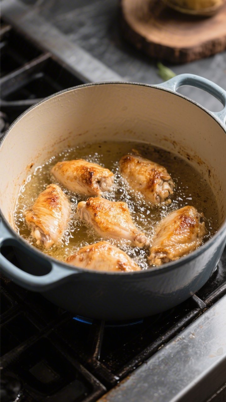 Cooking process: Overhead shot of a Dutch oven with chicken pieces frying in 1–