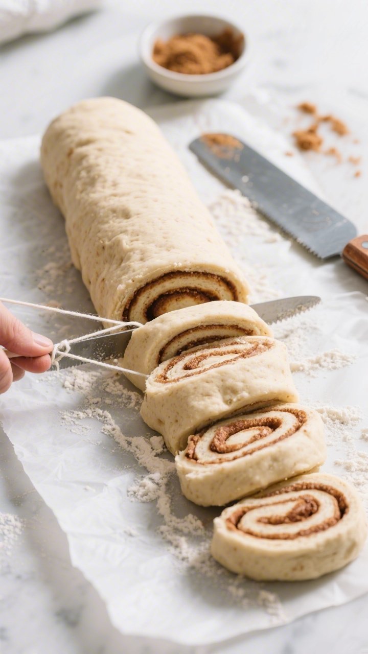 Cooking process: Overhead shot of a gluten-free cinnamon roll log being cleanly sliced into even pie