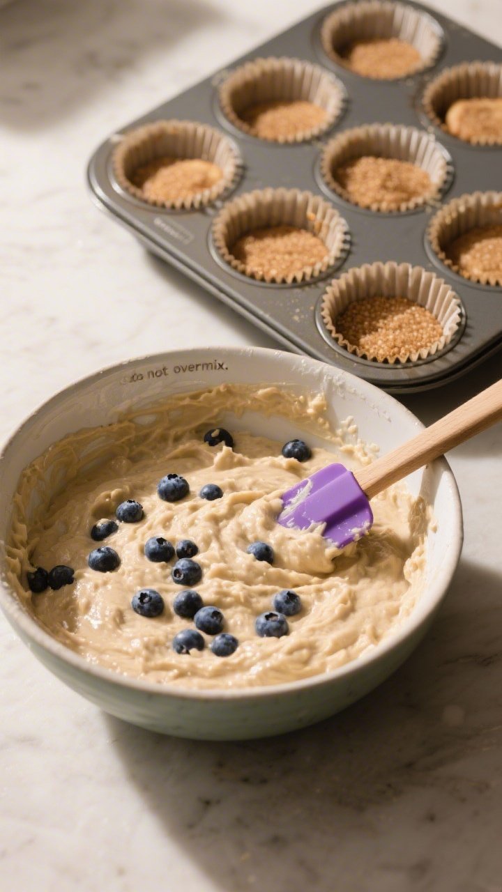 Cooking process: Overhead shot of a thick, just-mixed muffin batter in a large bowl, blueberries gen
