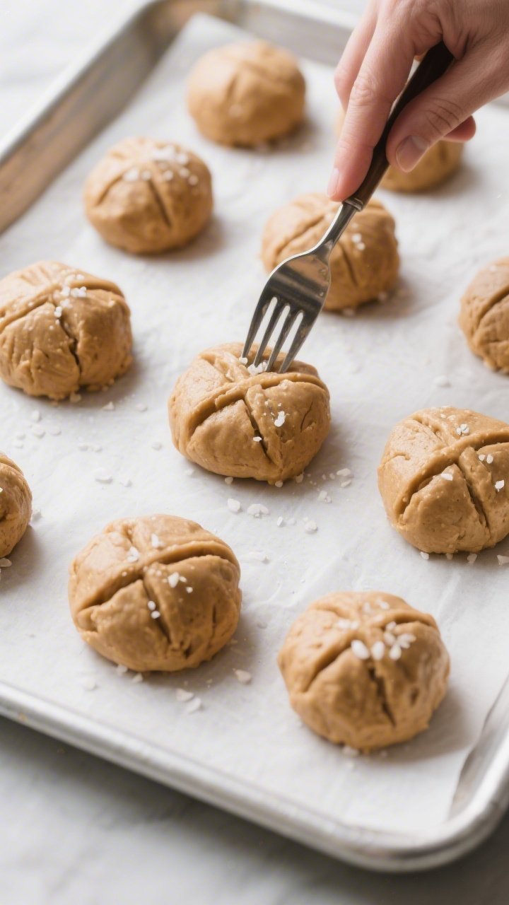 Cooking process: Overhead shot of portioned dough balls being gently pressed with a fork in two dire