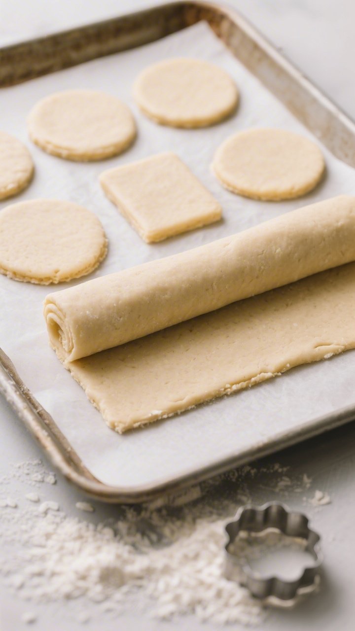 Cooking process: Overhead shot of rolled gluten-free shortbread dough at 1/4 inch thickness between