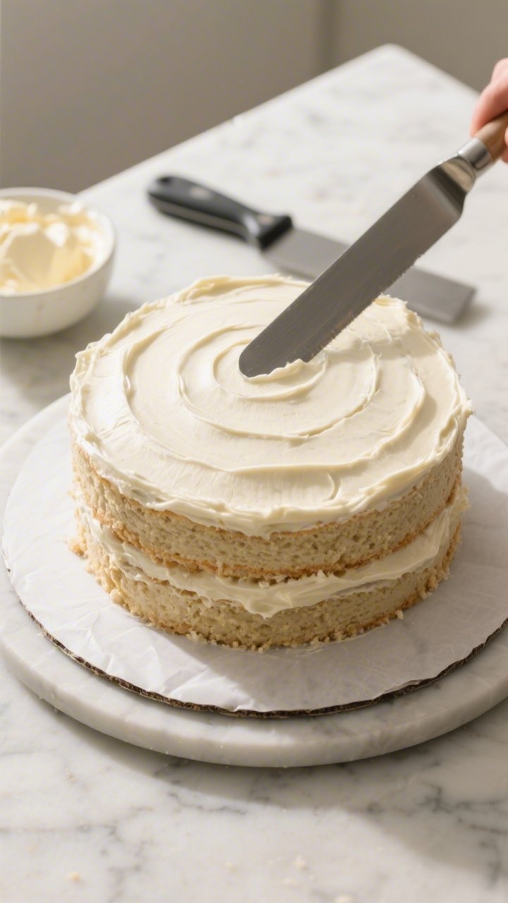 Cooking process: Overhead shot of the assembled two-layer gluten-free vanilla cake mid-frosting—cr