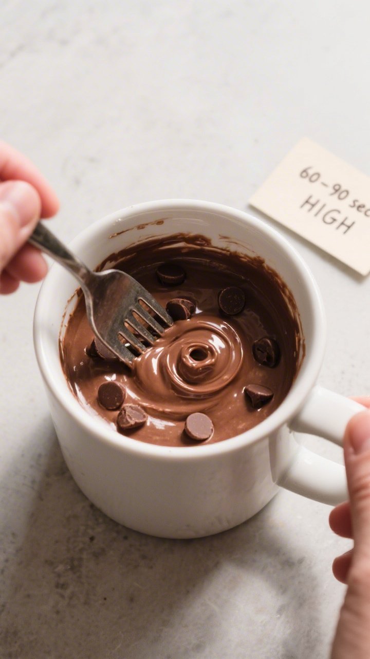 Cooking process: Overhead shot of the batter being stirred smooth directly in the mug with a fork, s