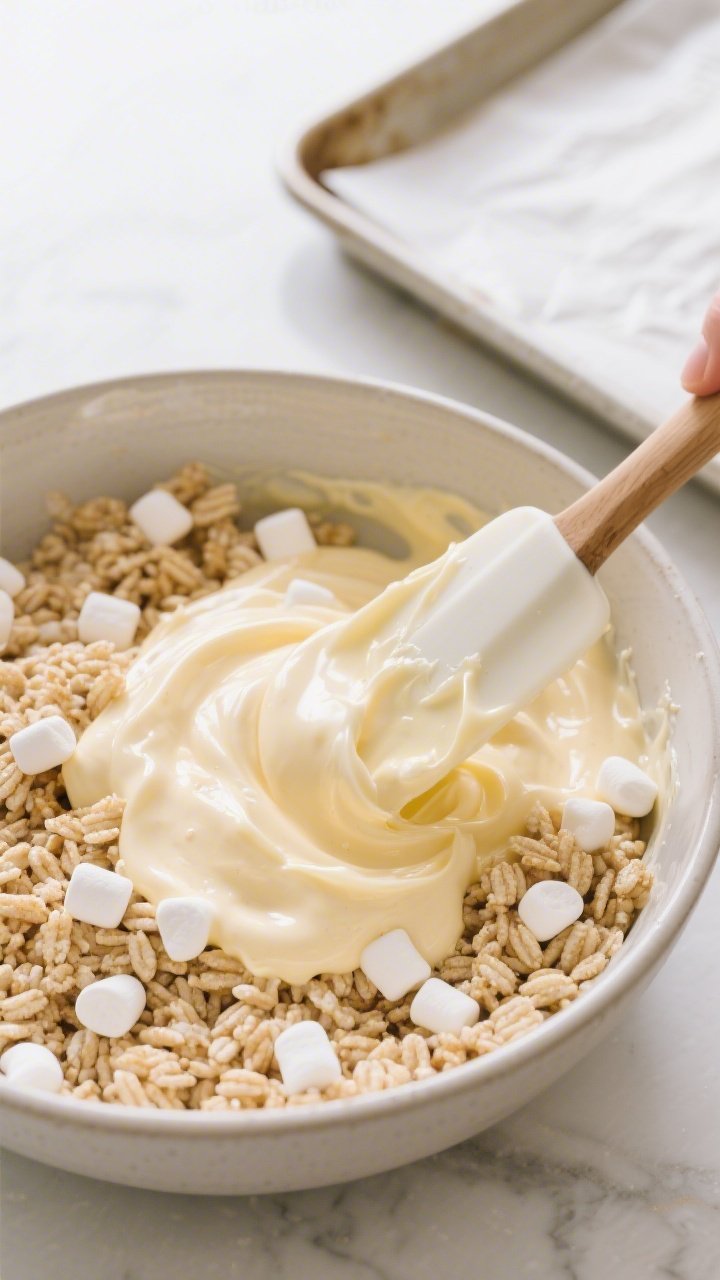 Cooking process: Overhead shot of the marshmallow-butter mixture being folded into gluten-free crisp