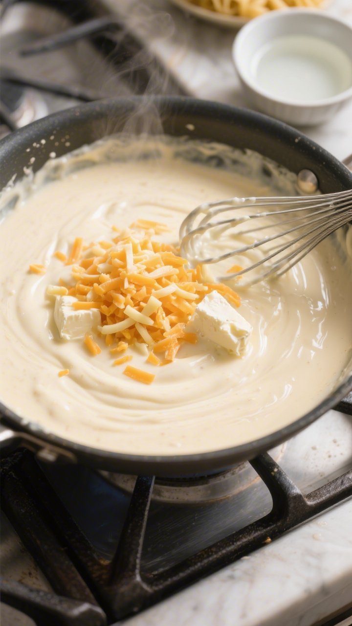 Cooking process: Overhead shot of the thickened cheese sauce stage—silky milk-and-cream base whisk