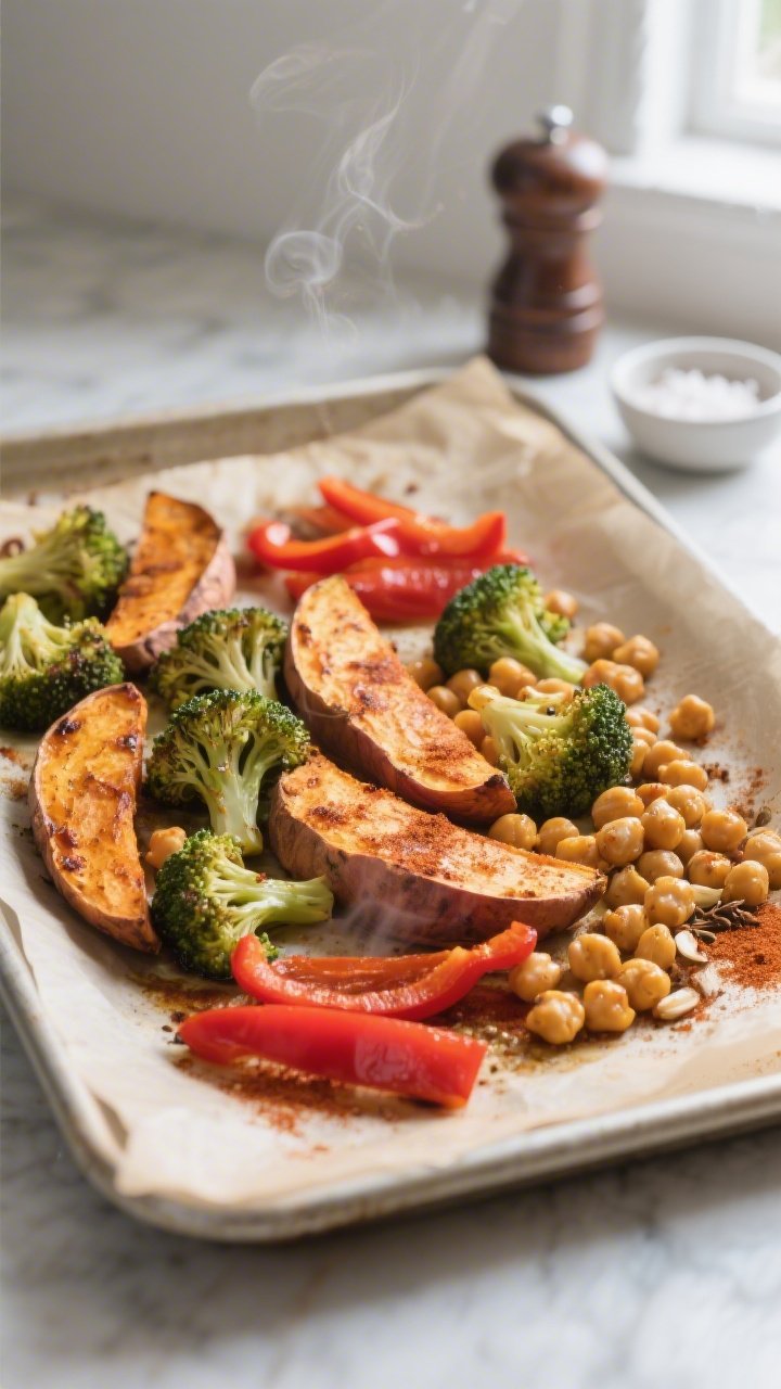 Cooking process: Roasted sweet potatoes, broccoli florets, red bell pepper strips, and chickpeas on