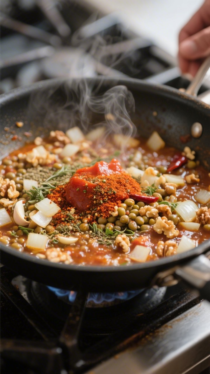 Cooking process — Sauté and spice bloom: Close-up of a large skillet over medium heat with diced 