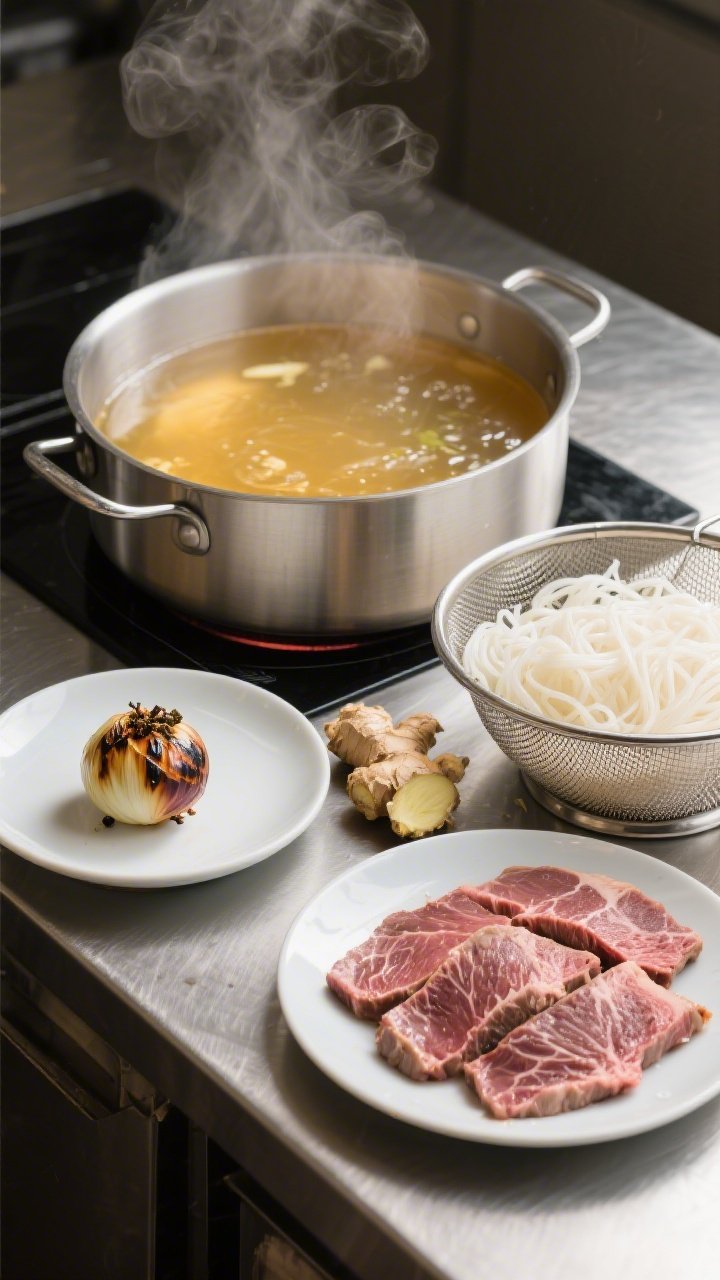 Cooking process scene: clarified pho broth after straining, gently simmering in a wide pot with a sp