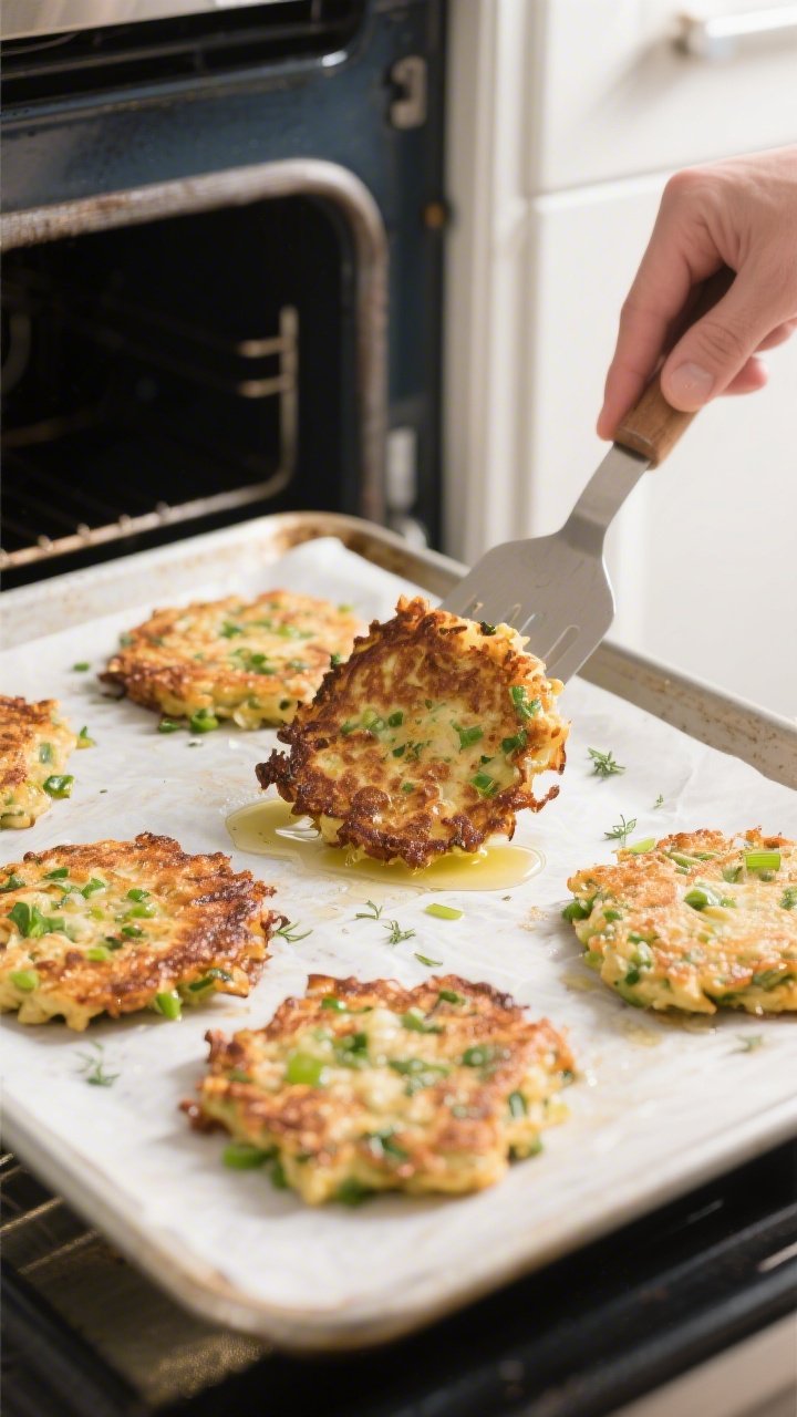 Cooking process shot: mid-bake flip moment showing neatly formed fritters being turned with a thin s