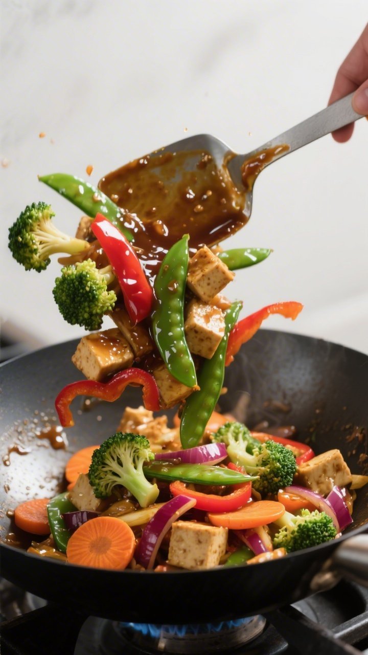 Cooking process shot: Vegan stir fry mid-toss in a hot wok as the glossy cornstarch-thickened soy-ma