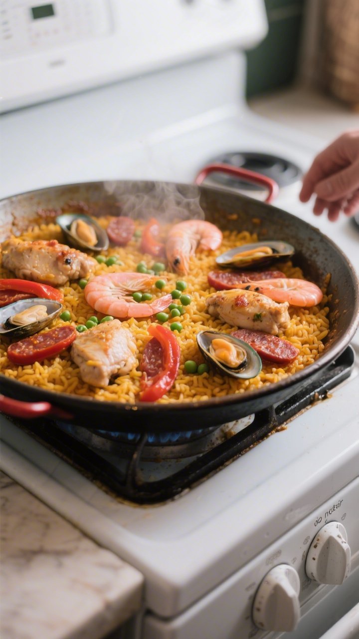 Cooking process shot: Wide, shallow paella pan on the stovetop with saffron-tinted stock gently simm