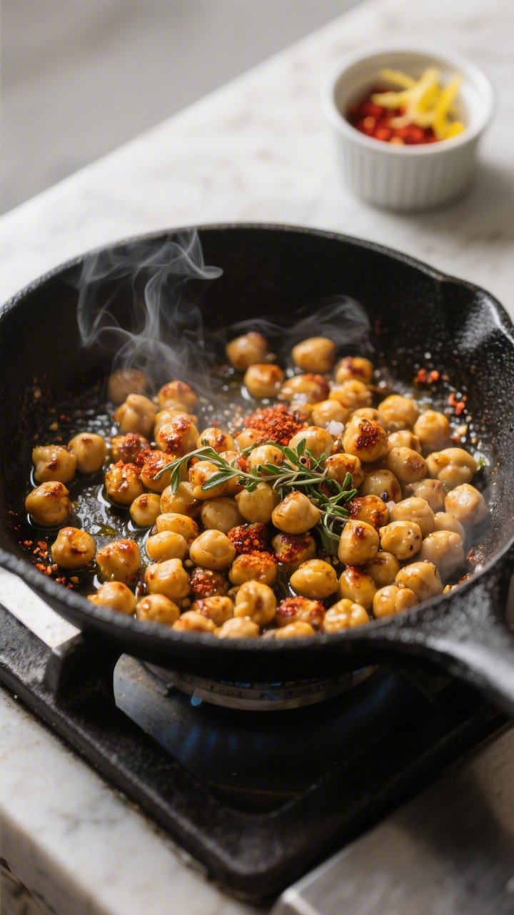 Cooking process: Skillet-crisped chickpeas tossed with olive oil, cumin, smoked paprika, oregano, sa