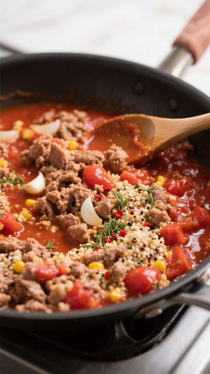 Cooking process: Skillet scene of the sauced filling simmering right before stuffing—ground turkey