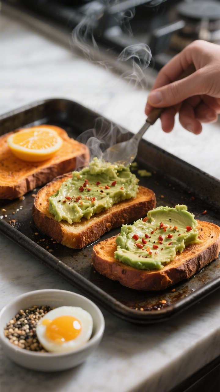 Cooking process: Sweet potato “toast” slices just finished toasting on a dark sheet pan, being g
