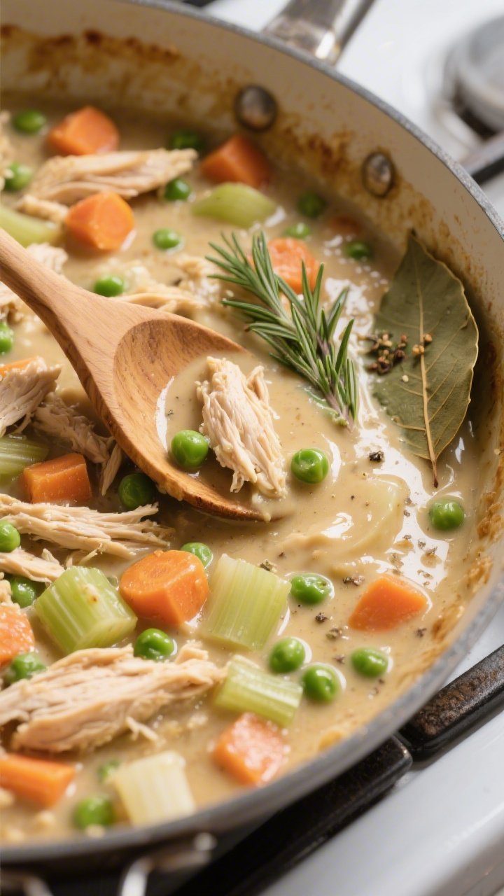 Cooking process: Thick, creamy chicken pot pie filling simmering in a wide skillet—succulent shred