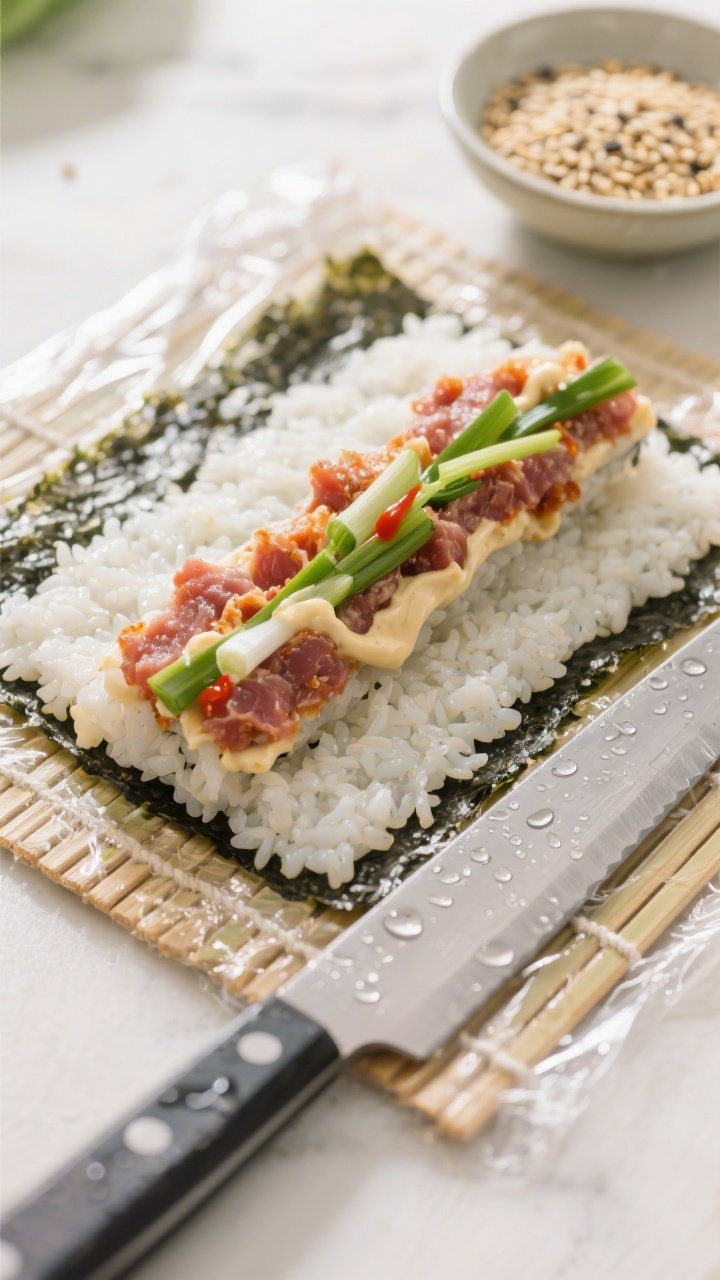 Cooking process: Tight overhead shot of a prepared maki just after shaping and before slicing, resti