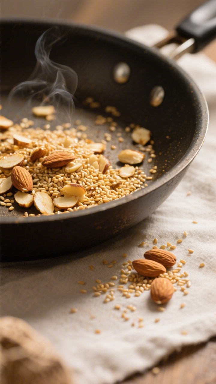 Cooking process – toasting for crunch: Close-up of toasted sesame seeds and sliced almonds just co