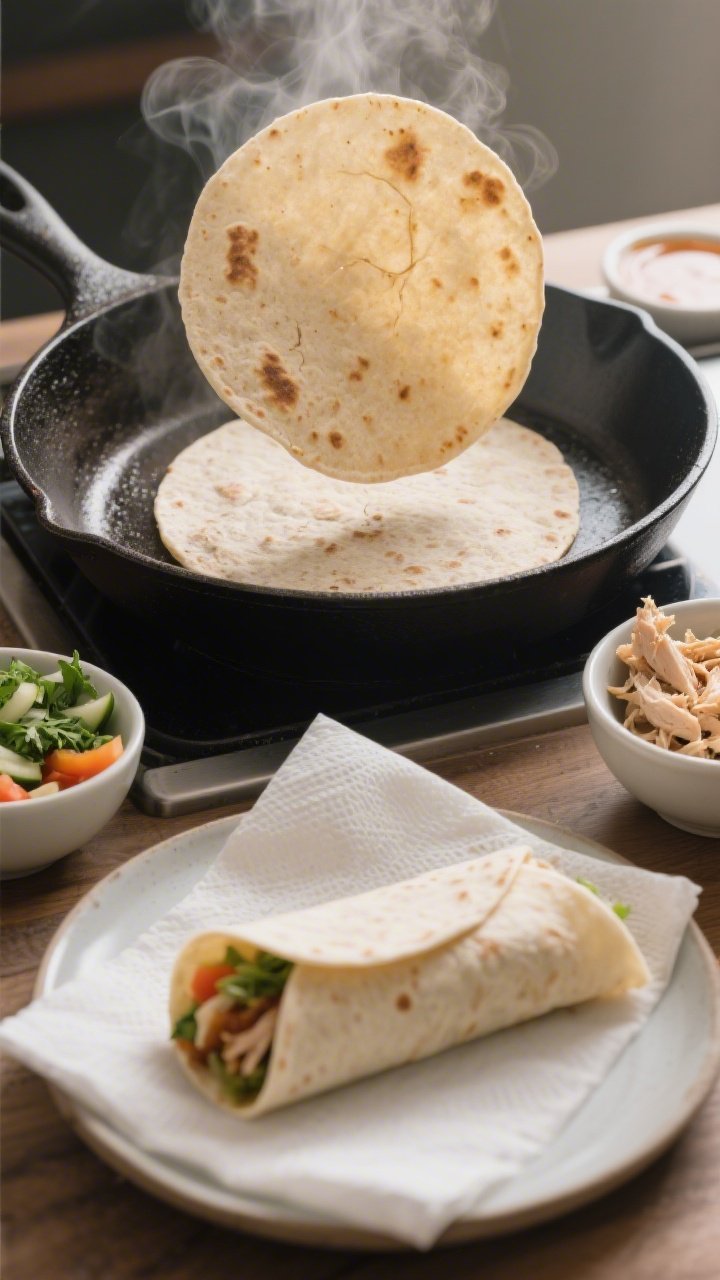 Cooking process: Warming gluten-free tortillas in a dry skillet, one tortilla just flipped and gentl