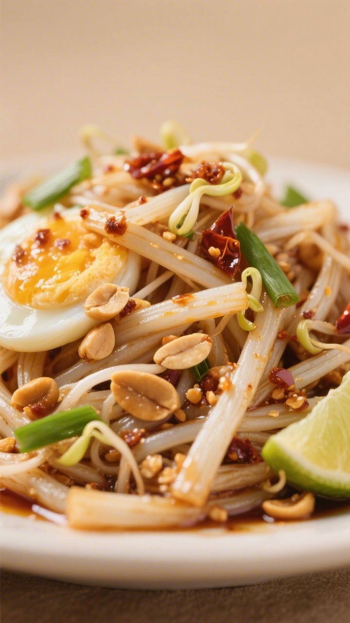 Extreme close-up detail: Tangle of tender rice sticks glistening with tamarind-tamari glaze, flecked