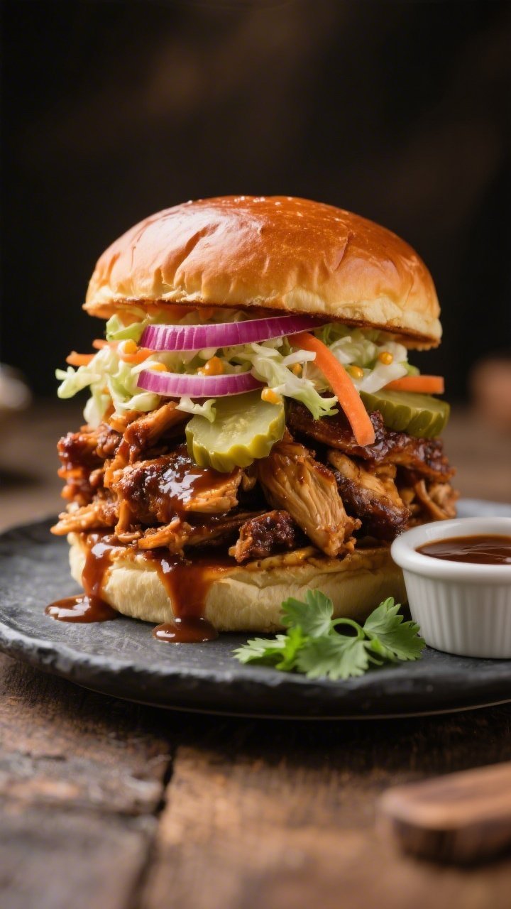 Final burger beauty shot: BBQ pulled jackfruit burger stacked high on a toasted brioche bun, overflo