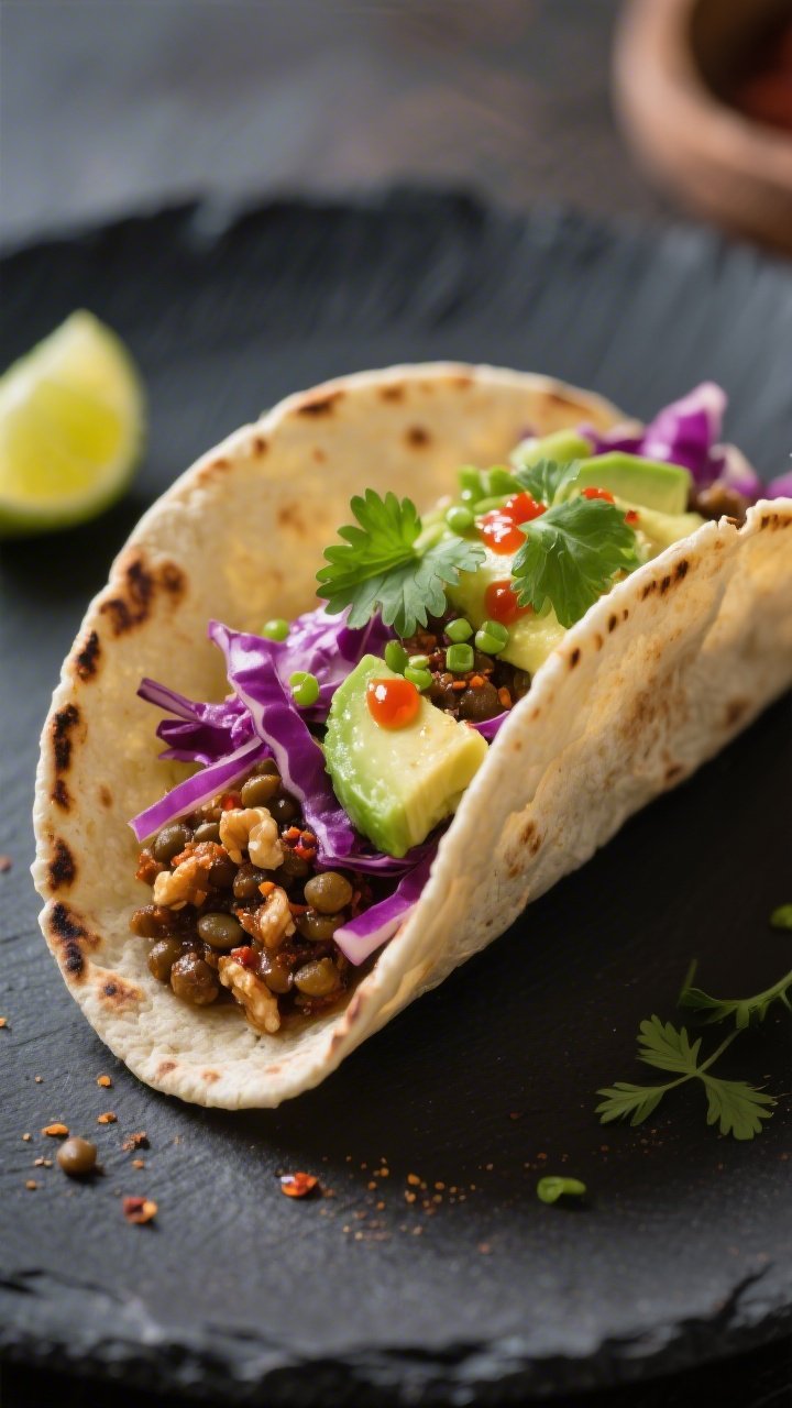 Final dish beauty — Close-up hero taco: Macro-style side angle of a single assembled gluten-free v