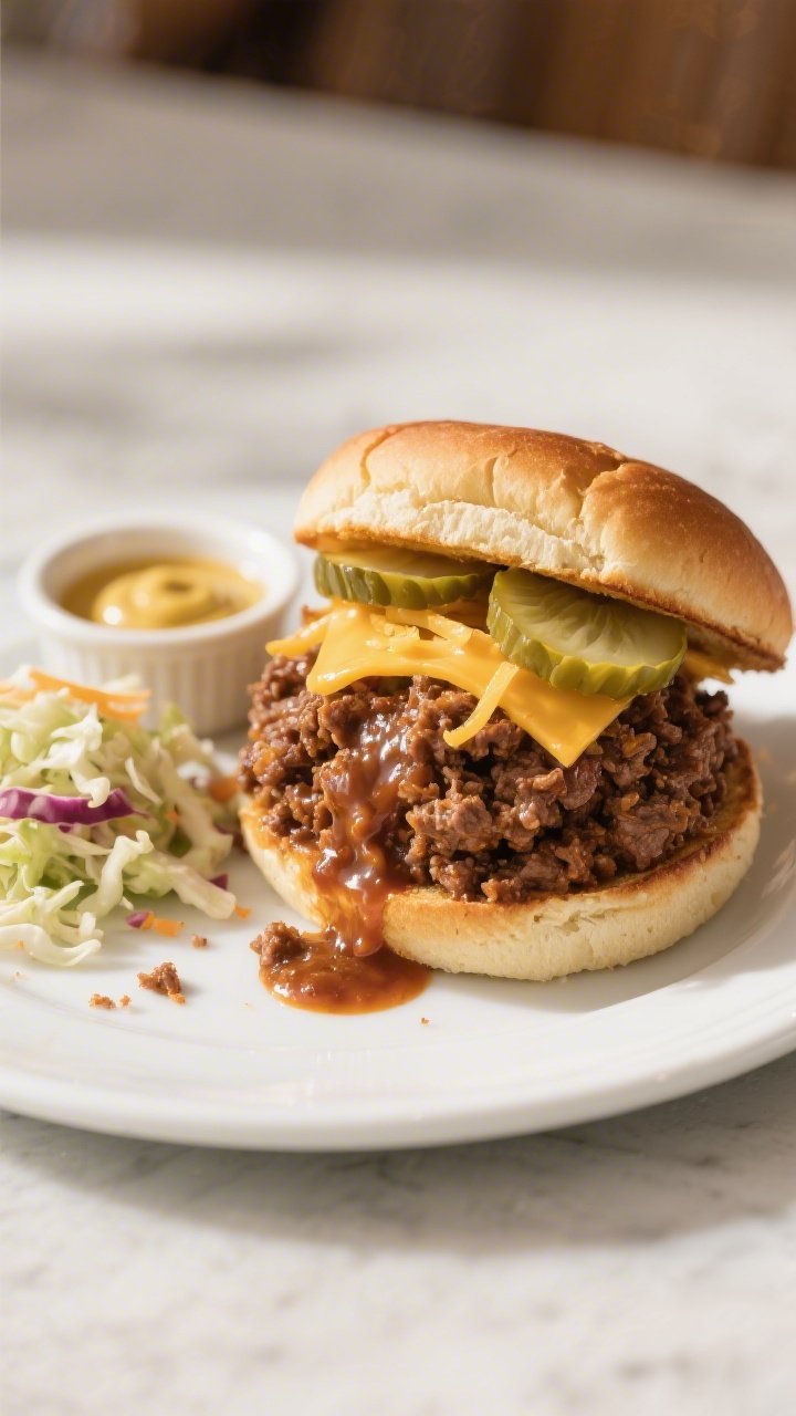 Final dish, beauty plate: Gluten-free Sloppy Joe piled high on a toasted, sturdy gluten-free bun, sa
