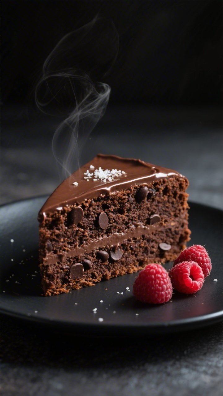 Final dish beauty shot: A single slice of vegan gluten-free chocolate cake on a matte black dessert 