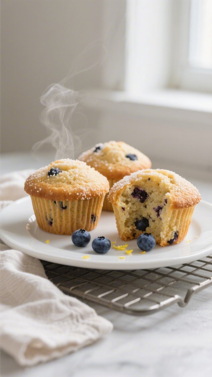 Final dish beauty shot: A trio of baked gluten-free blueberry muffins with tall, golden domes and a 