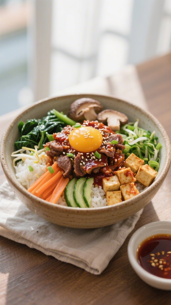 Final dish beauty shot: Gluten-free Korean bibimbap in a warm ceramic bowl—fluffy short-grain whit