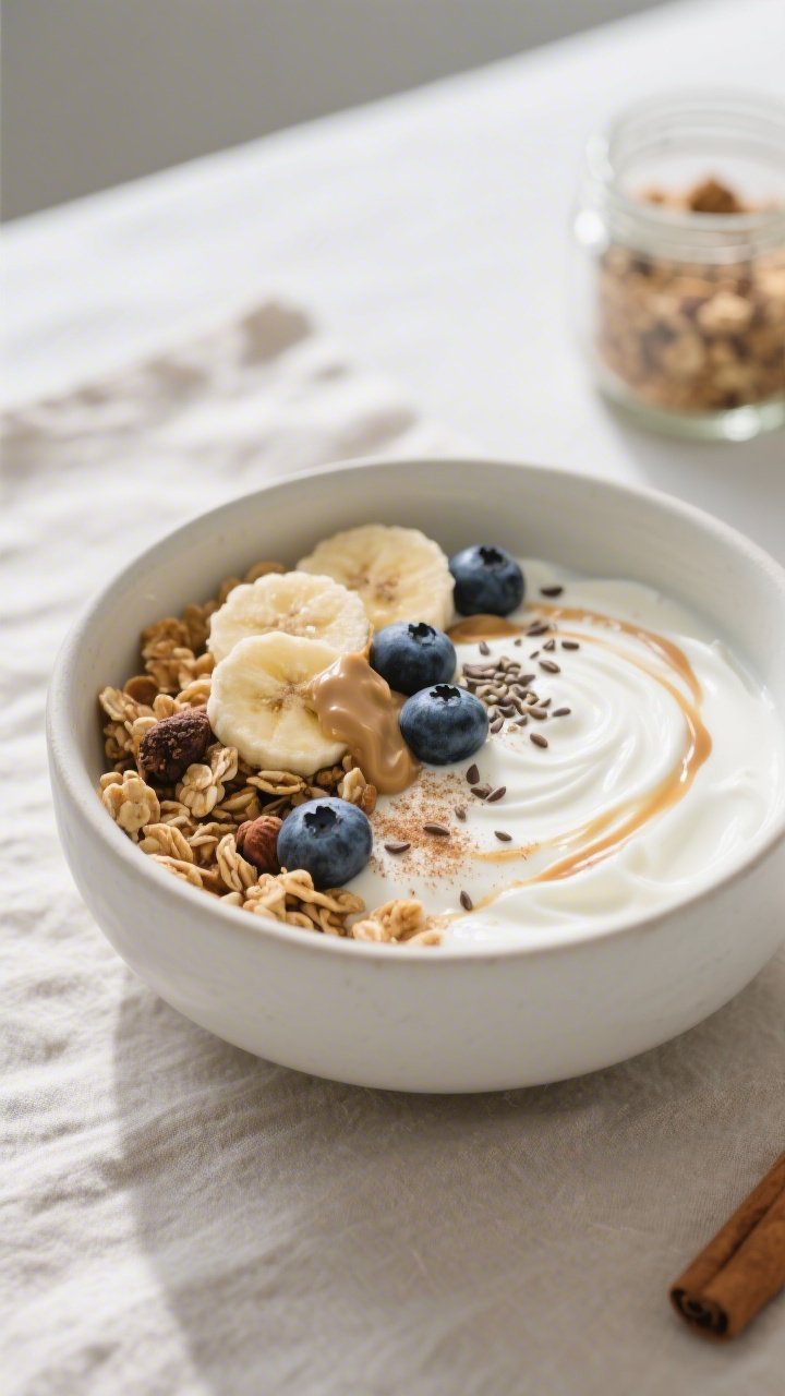 Final dish beauty shot: Healthy Gluten-Free Granola Bowl assembled in a matte white ceramic bowl—t