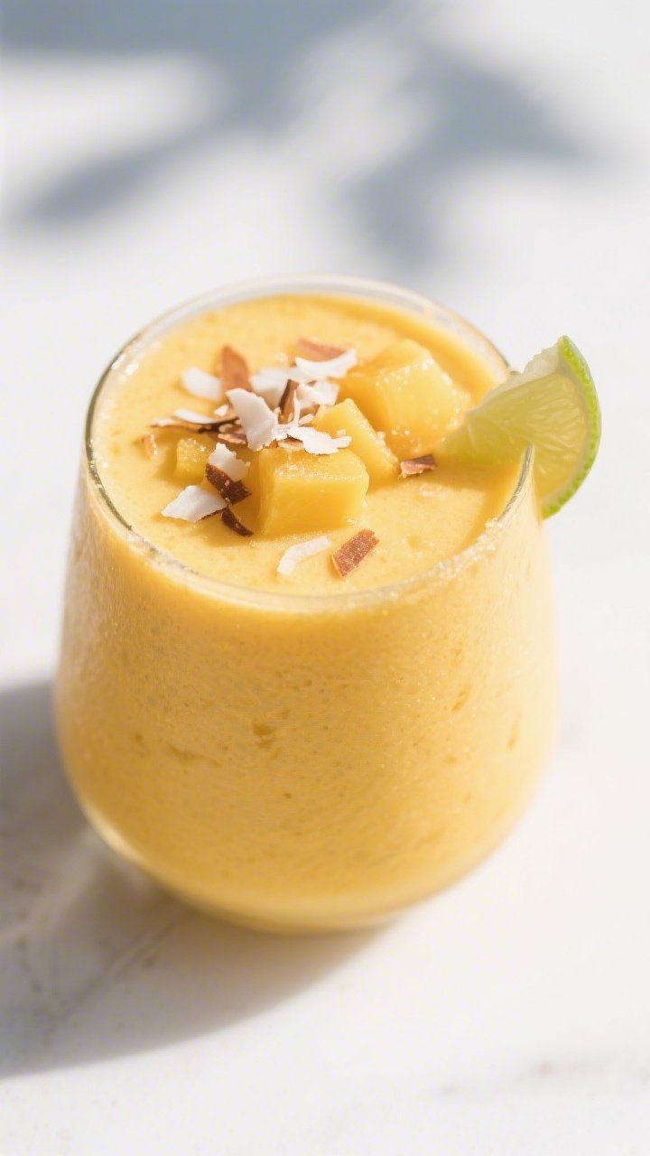 Final dish beauty: Side-angle close-up of the Tropical Cream variation—lush mango-pineapple smooth