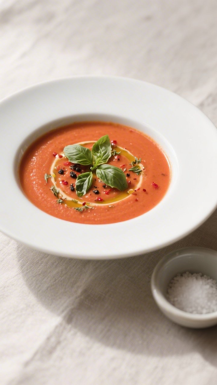 Final dish — Creamy Tomato-Basil Soup: silky, blended tomato-basil soup poured into a matte white