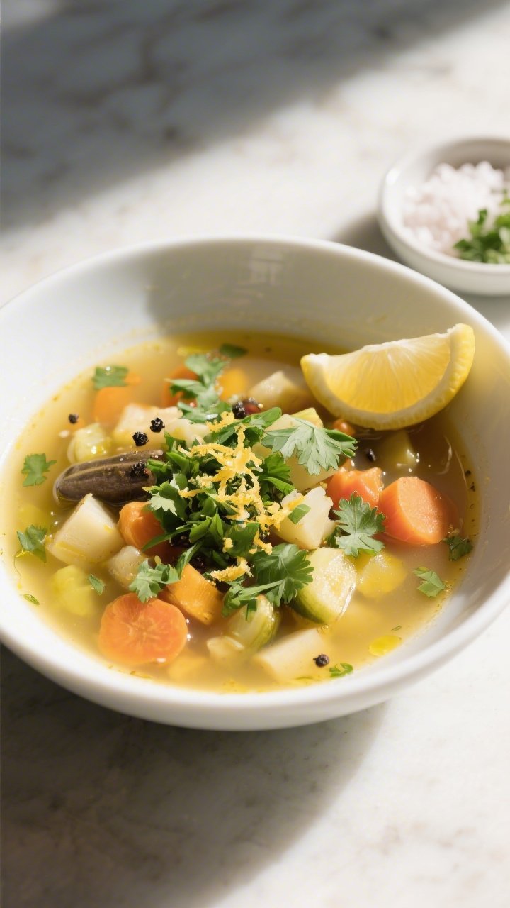 Final dish, plated presentation: Restaurant-quality bowl of Gluten-Free Detox Vegetable Soup, overhe