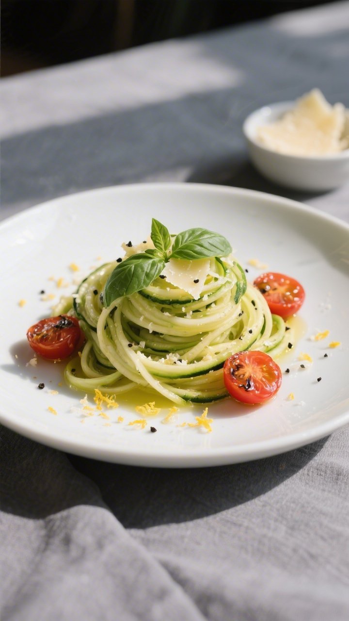 Final dish, plated restaurant style: Beautifully plated Garlic Lemon Zoodles twirled into a neat nes