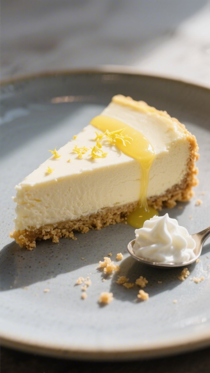 Final dish presentation: A single plated slice of gluten-free cheesecake on a matte ceramic plate, t