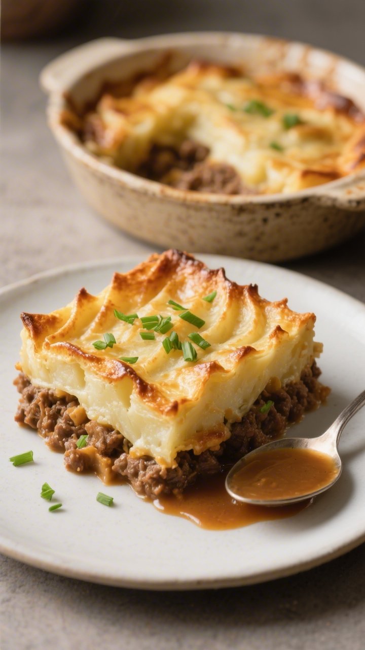 Final dish presentation: Beautifully baked gluten-free shepherd’s pie with a deeply golden, ridged