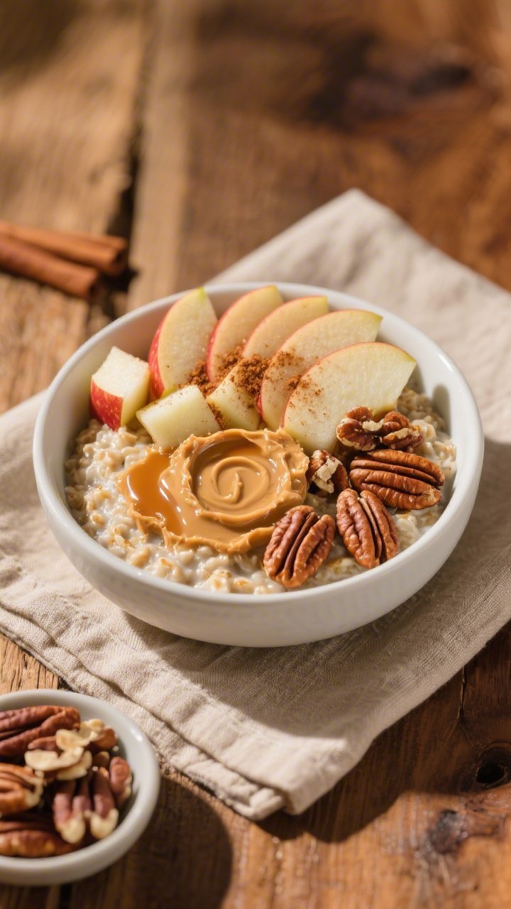 Final dish presentation: Beautifully plated apple cinnamon overnight oats served in a low, white cer