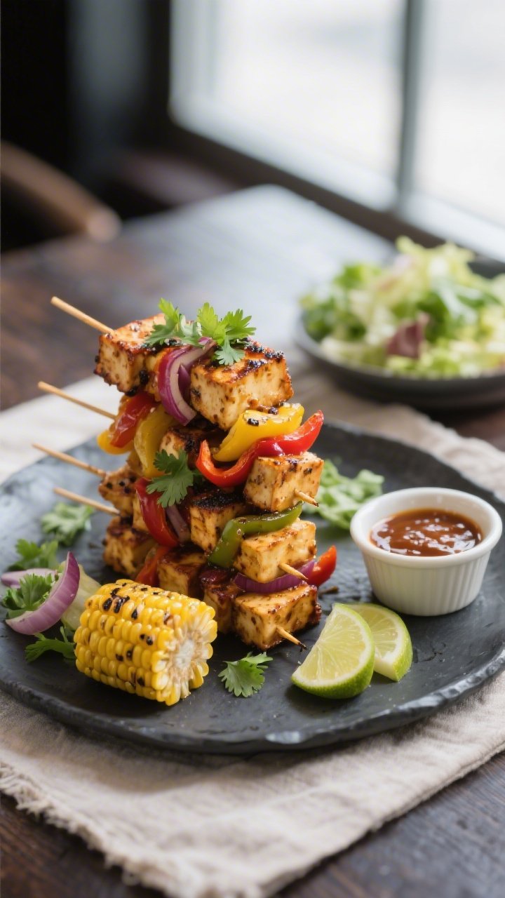 Final dish presentation: Beautifully plated BBQ tofu skewers stacked on a matte charcoal platter, ga