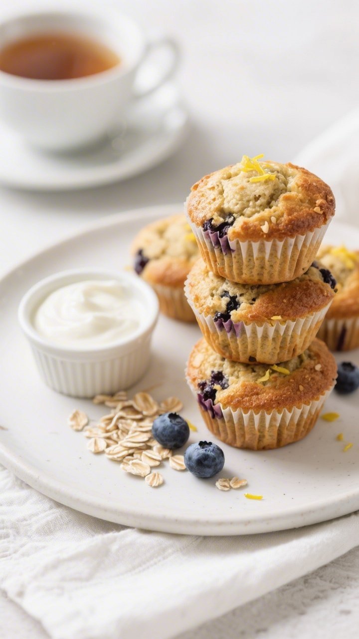 Final dish presentation: Beautifully plated blueberry vegan muffins stacked casually on a matte whit