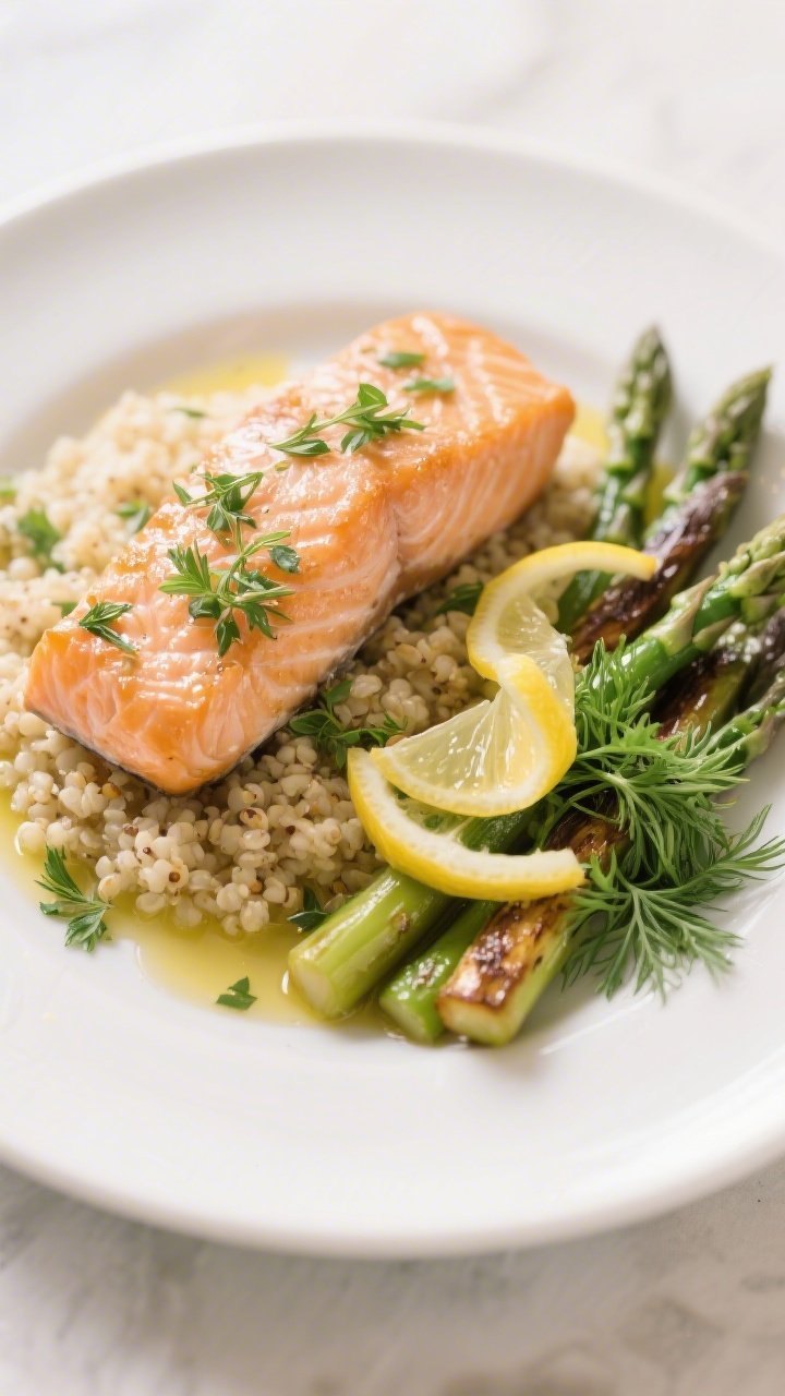 Final dish presentation: Beautifully plated Gluten-Free Salmon with Lemon & Herbs on a white ceramic