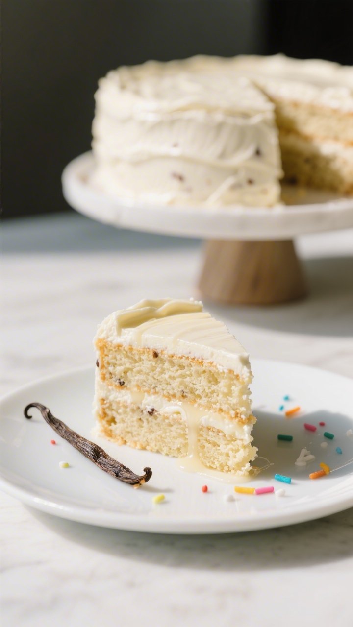 Final dish presentation: Beautifully plated gluten-free vanilla layer cake slice on a matte white de