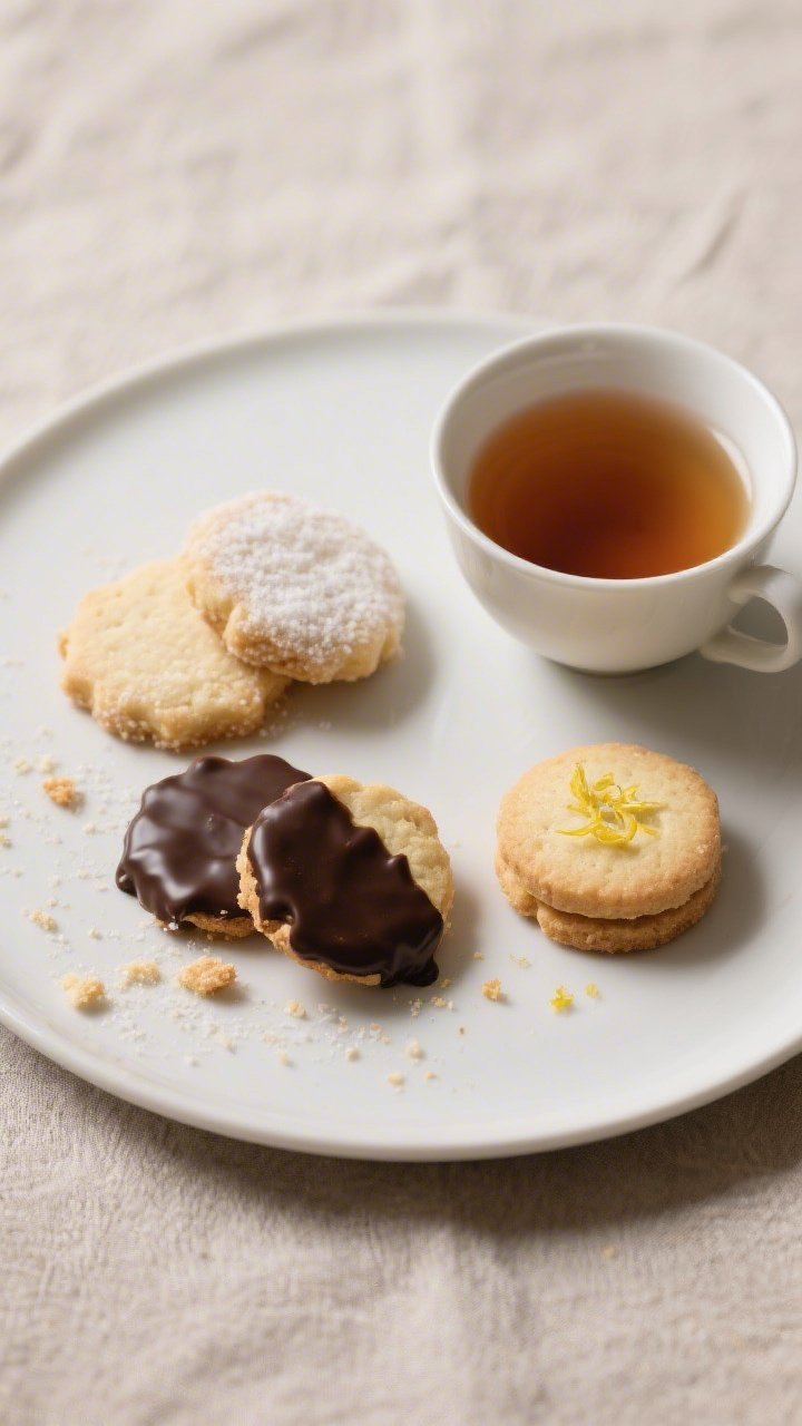 Final dish presentation: Beautifully plated gluten-free shortbread assortment on a matte white plate