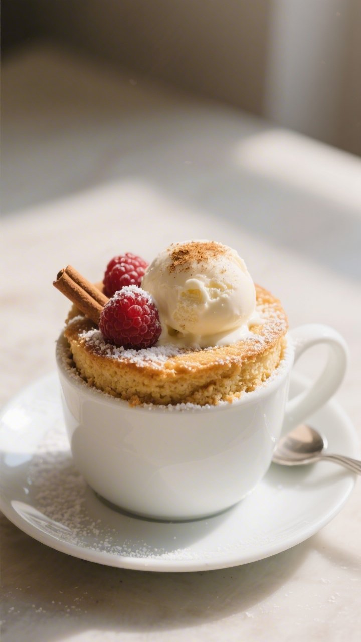Final dish presentation: Beautifully plated vanilla gluten-free mug cake variation (no cocoa) served