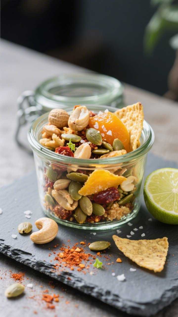 Final dish presentation: Beautifully portioned “Chili-Lime Kick” trail mix served in small, lidd