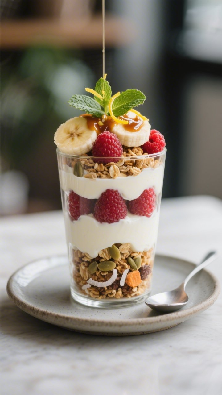 Final dish presentation: Café-style gluten-free yogurt parfait fully assembled in a tall clear tumb