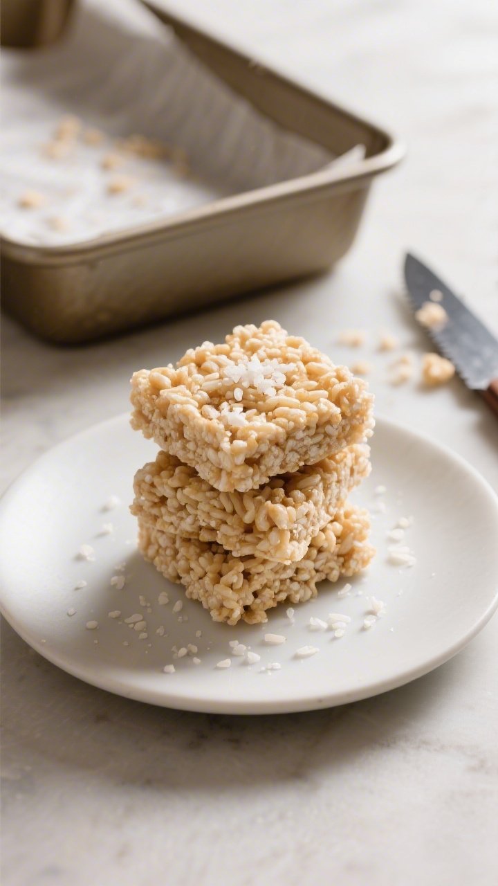 Final dish presentation: Neat stack of bakery-thick gluten-free rice crispy treat squares on a matte