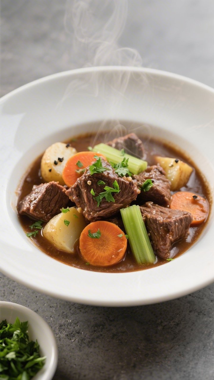 Final dish presentation, plated: Beautifully plated bowl of gluten-free beef stew—generous chunks 