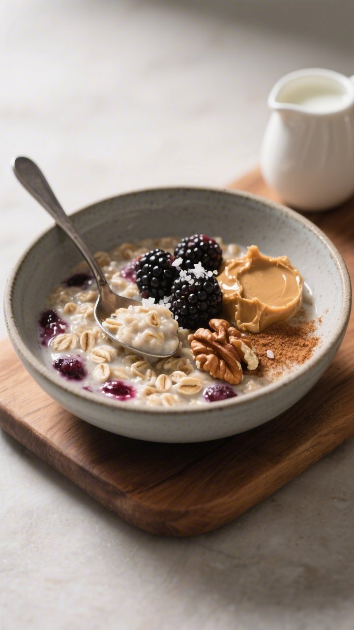 Final dish presentation: Restaurant-quality bowl of finished overnight oats spooned out from the jar