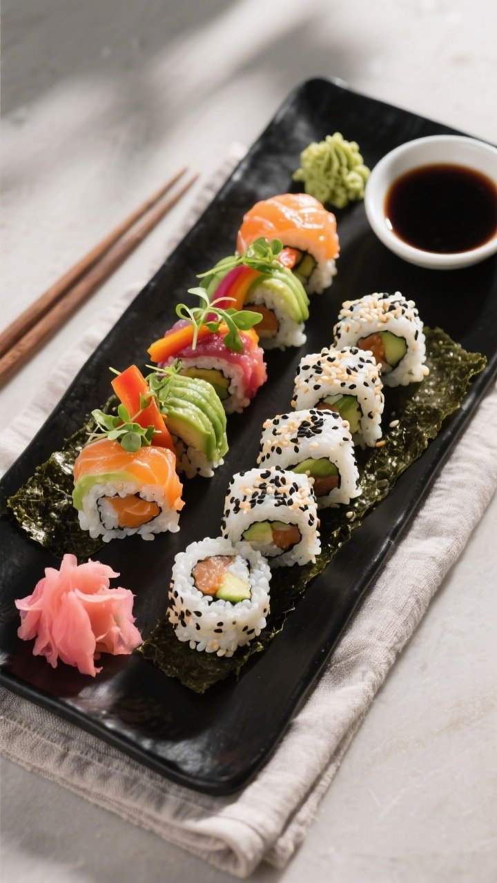 Final dish presentation: Restaurant-quality overhead platter of mixed gluten-free sushi rolls—Vegg