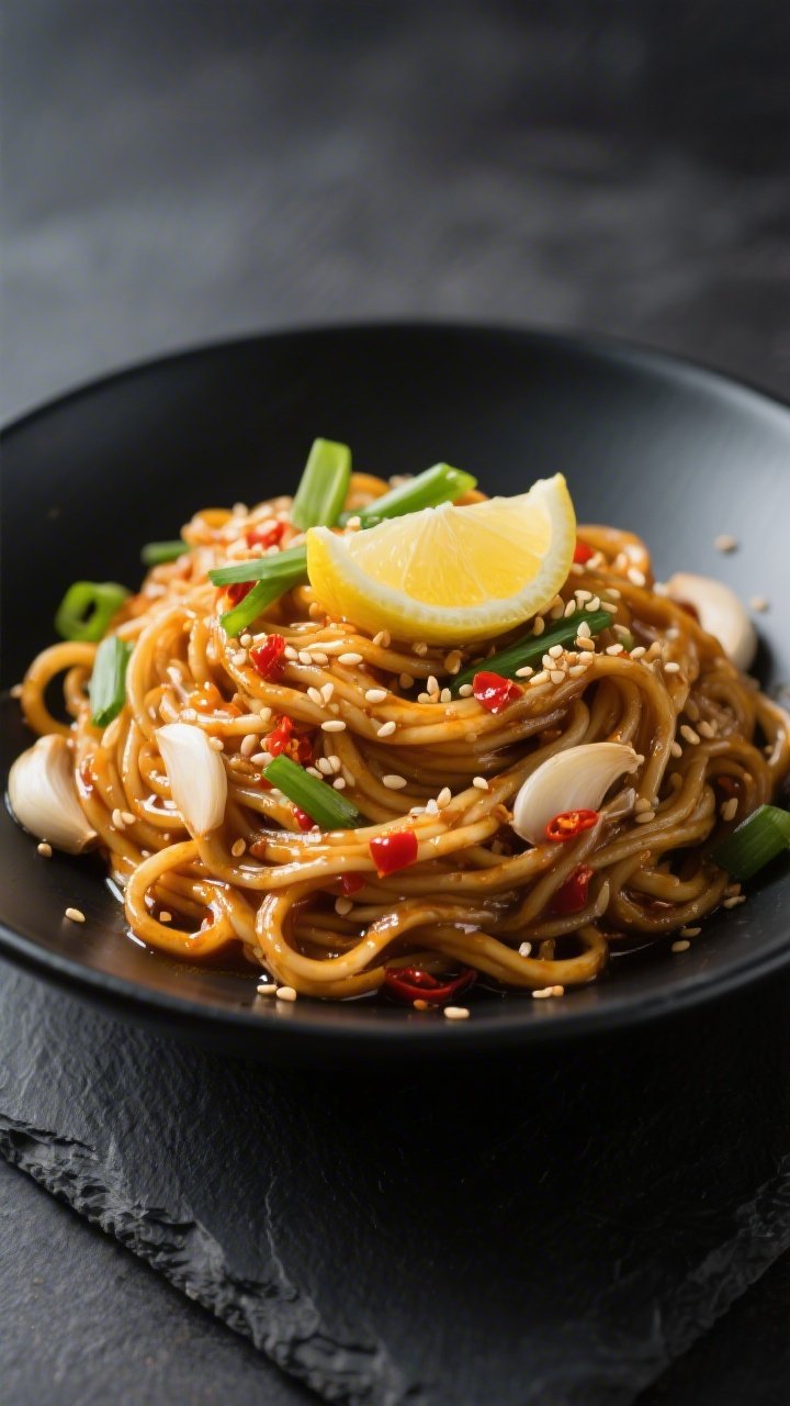Final dish presentation: Restaurant-quality plate of garlic noodles with a Spicy Sesame variation—